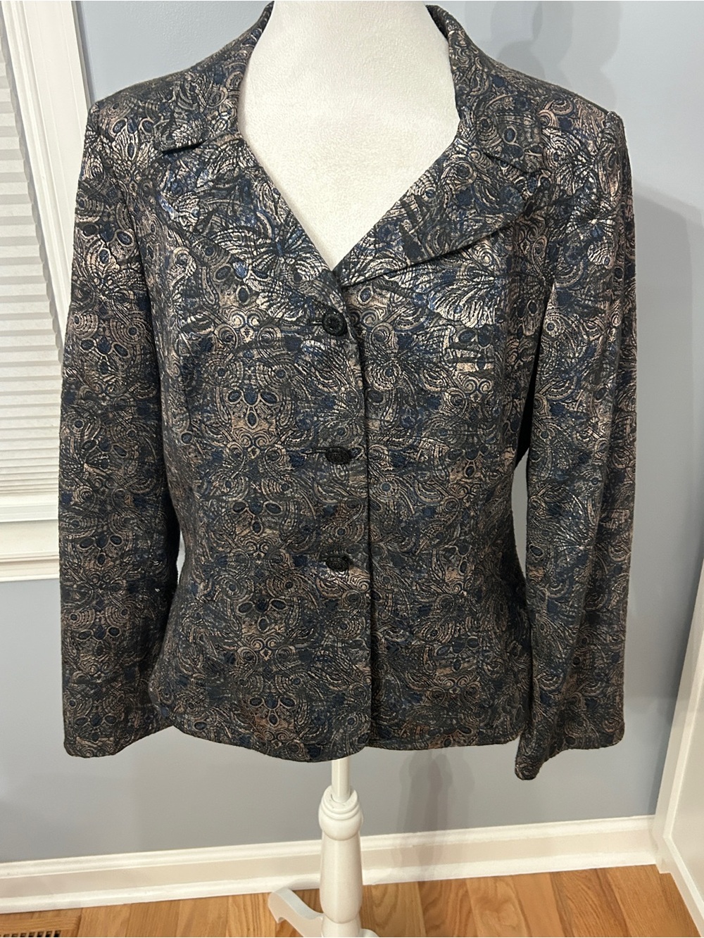 Evan Picone Womens 16P Petite Navy Gold Floral Jacquard Suit Jacket Blazer Lined